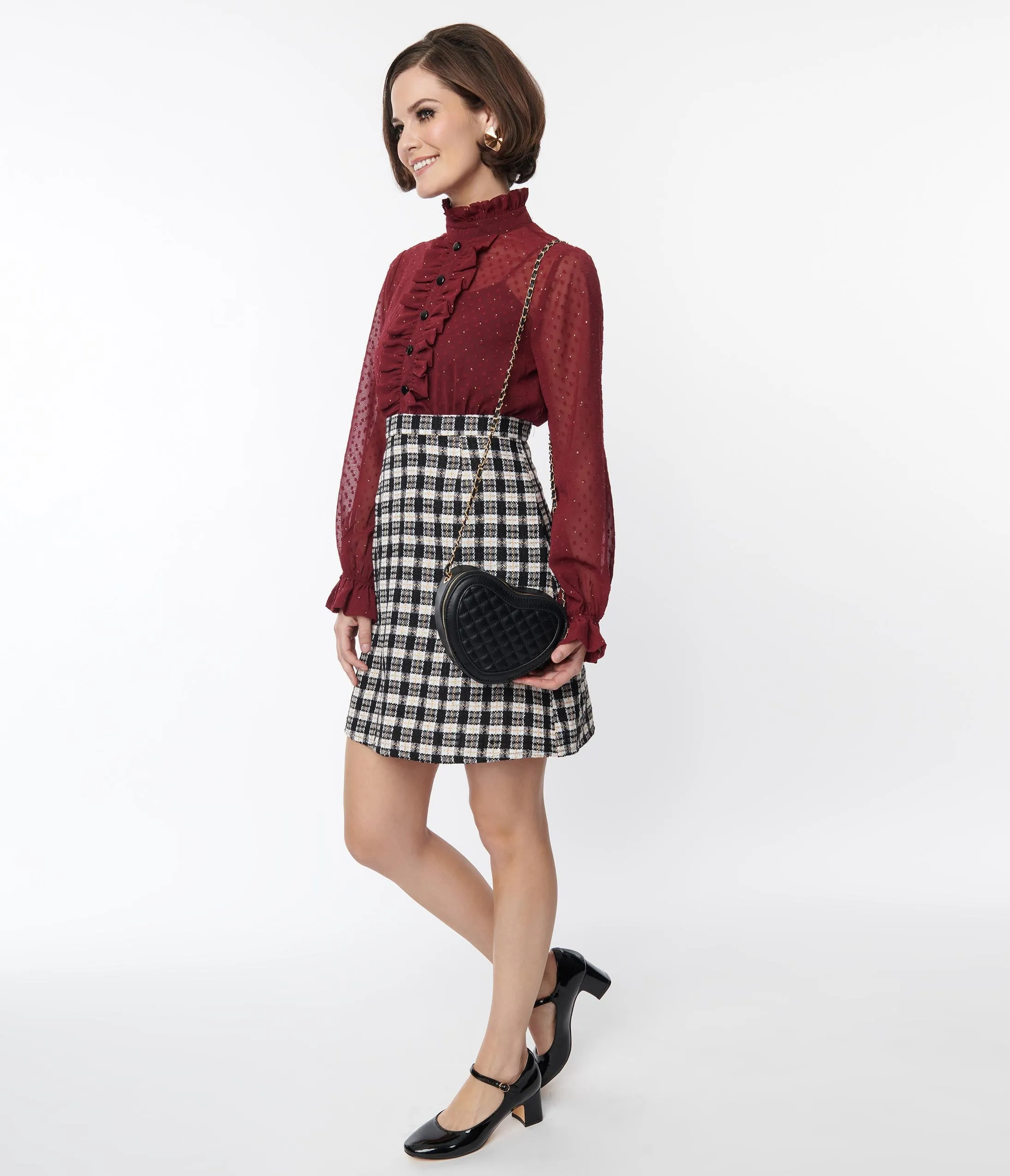 Smak Parlour 1960s Burgundy & Plaid Ruffle Neck Empire A-Line Dress sold by Unique Vintage product image thumbnail 5