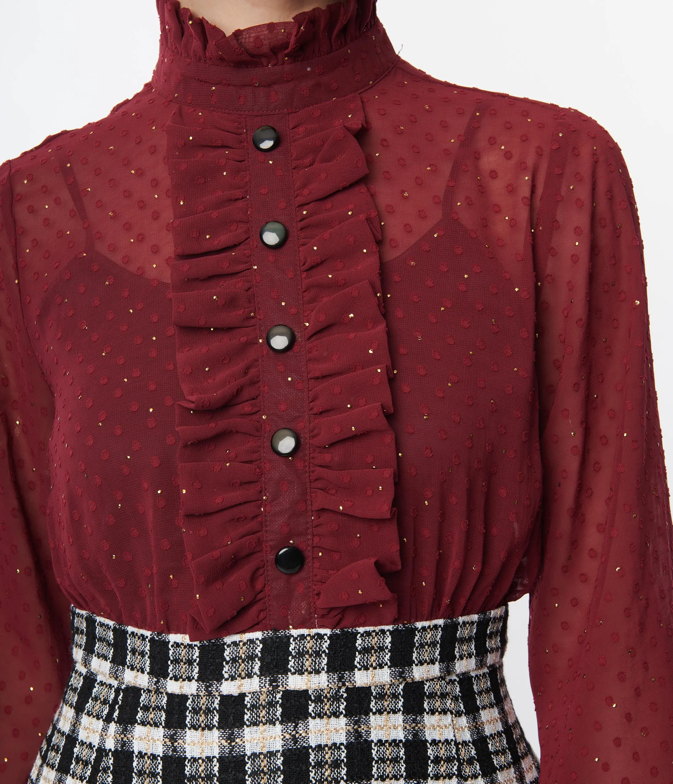 Smak Parlour 1960s Burgundy & Plaid Ruffle Neck Empire A-Line Dress sold by Unique Vintage product image thumbnail 2