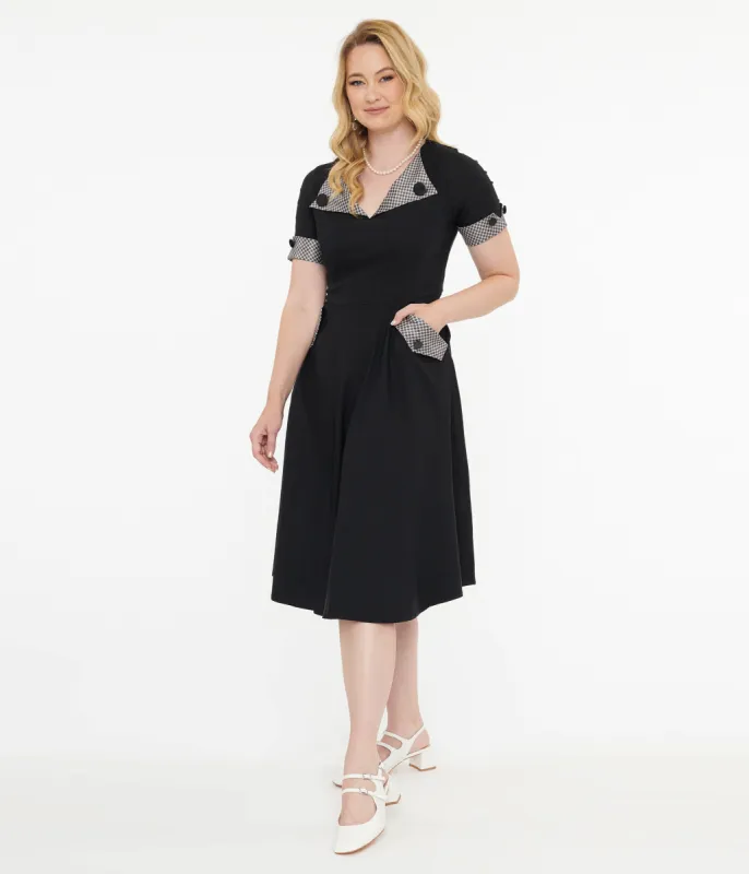 Tatyana 1950s Black & Plaid Trixie Swing Dress sold by Unique Vintage
