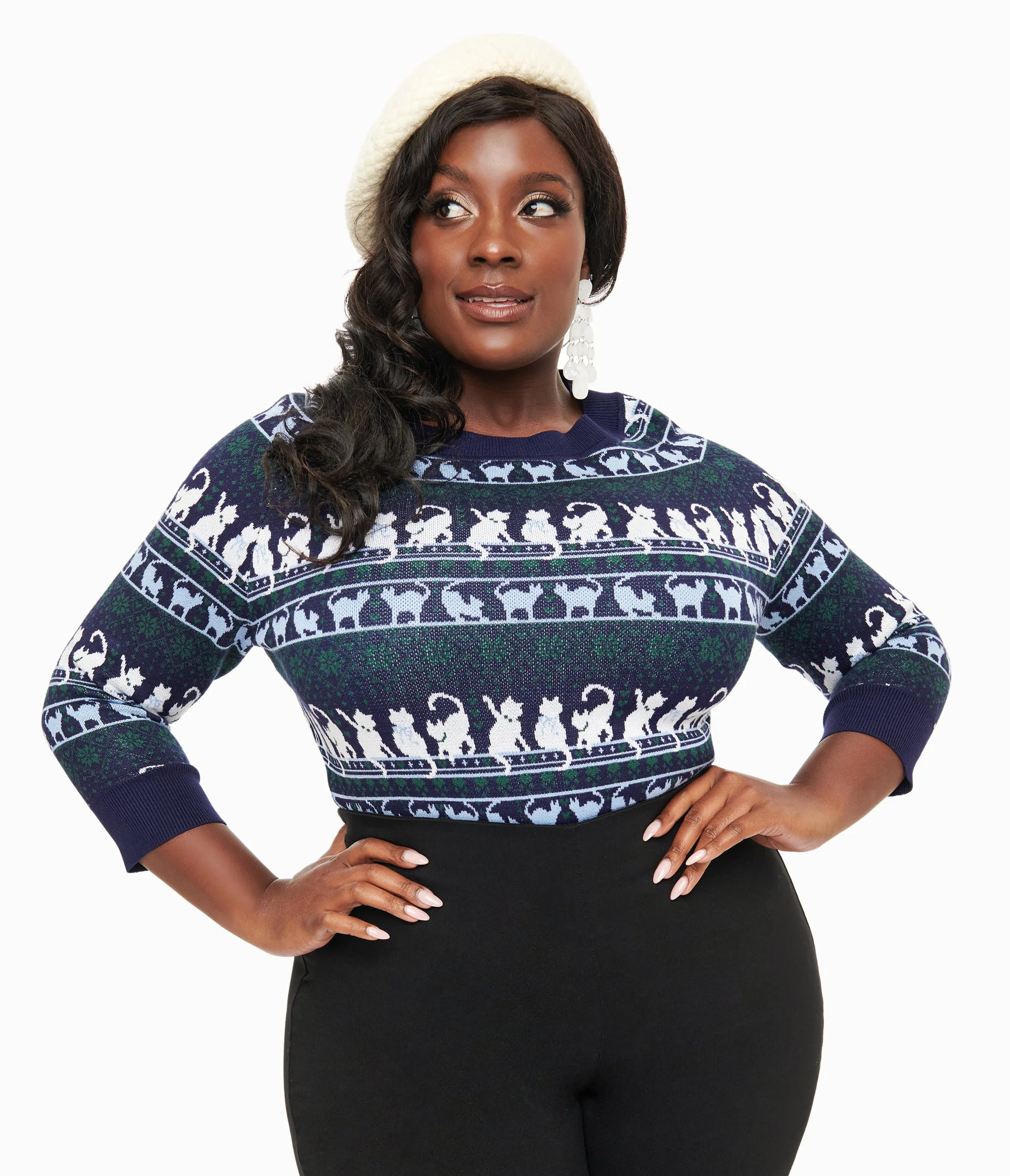 Unique Vintage Plus Size 1940s Navy & White Cat Pattern Lorelai Sweater sold by Unique Vintage