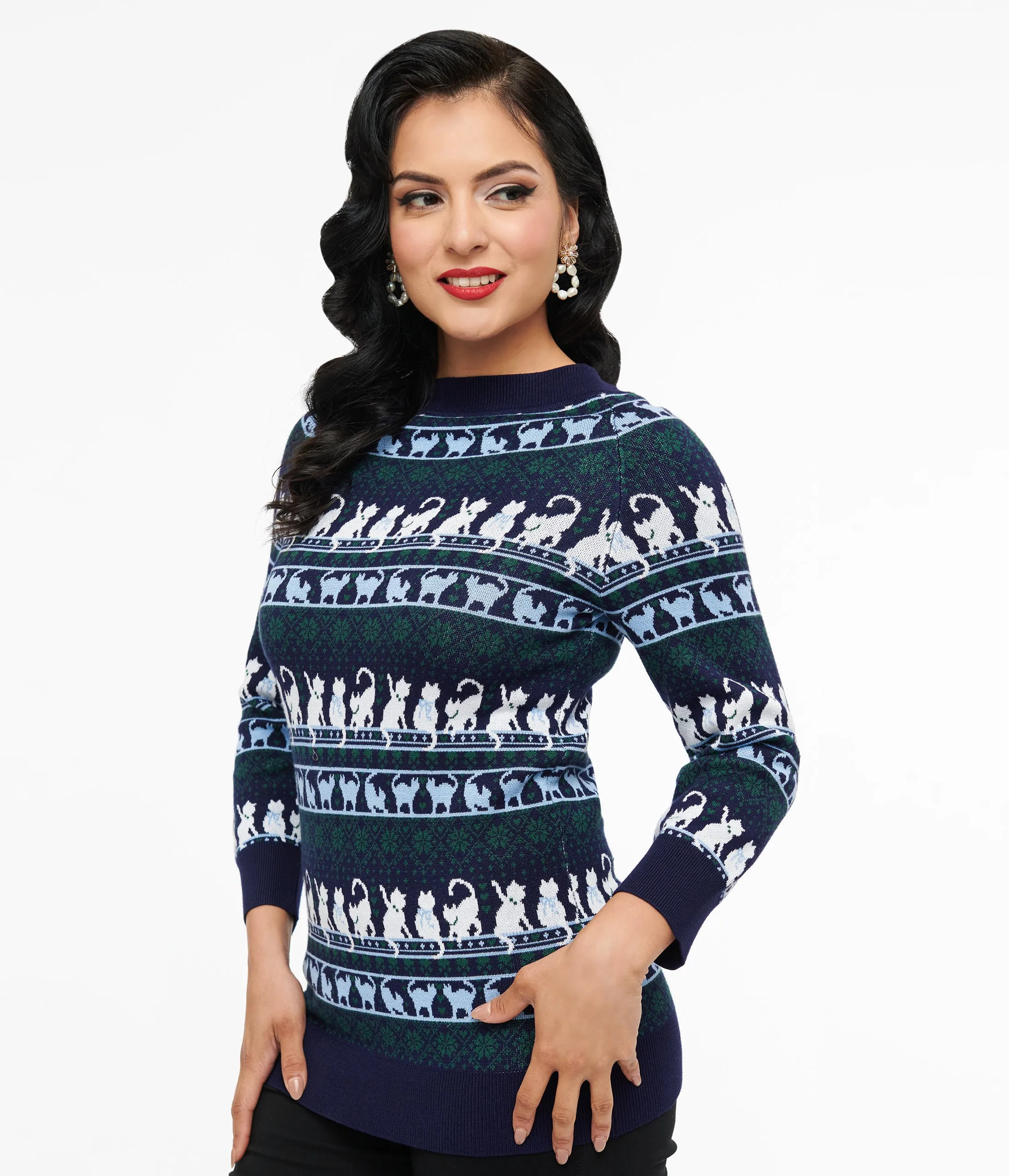 Unique Vintage 1940s Navy & White Cat Pattern Lorelai Sweater sold by Unique Vintage product image thumbnail 3