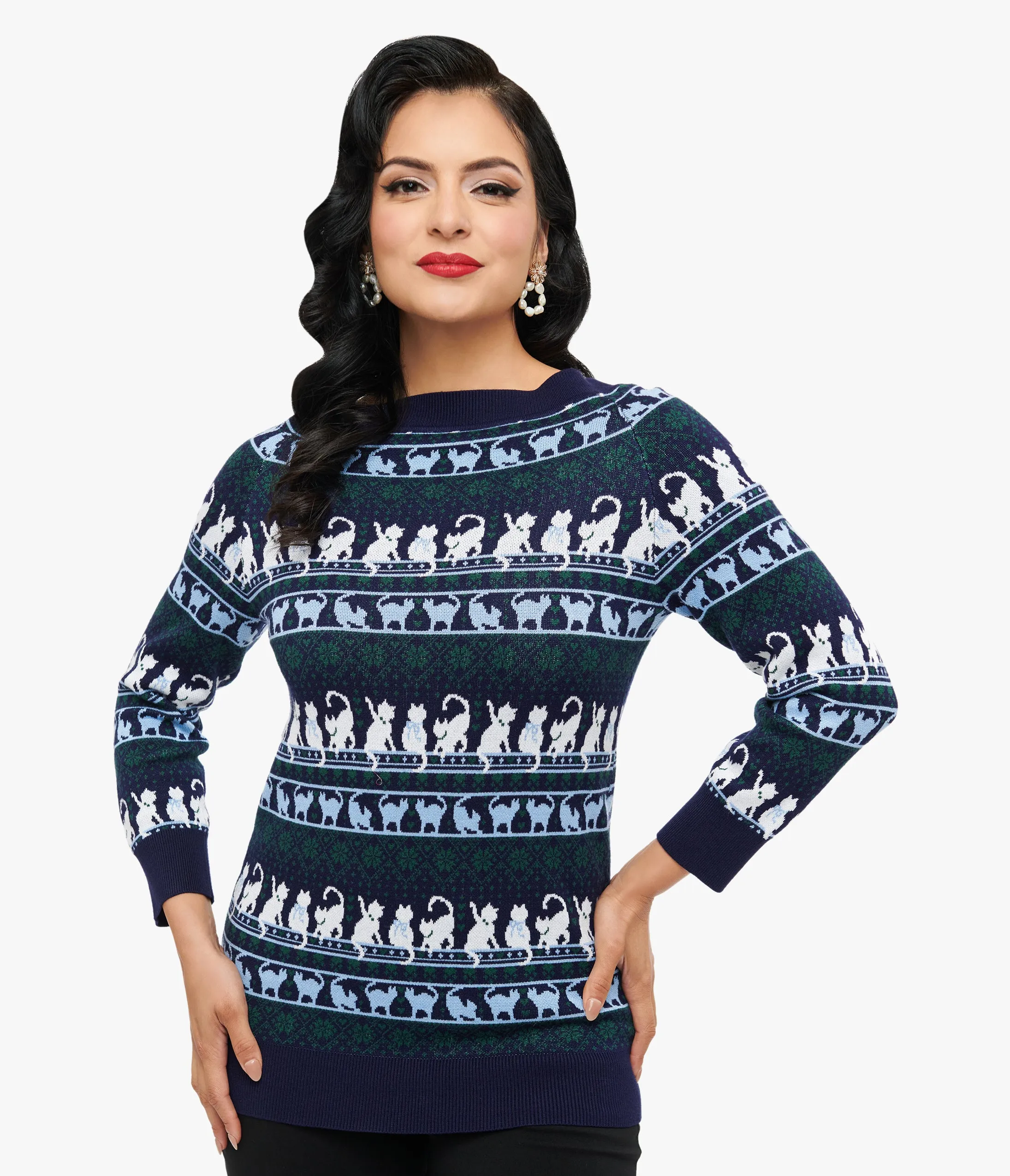 Unique Vintage 1940s Navy & White Cat Pattern Lorelai Sweater sold by Unique Vintage