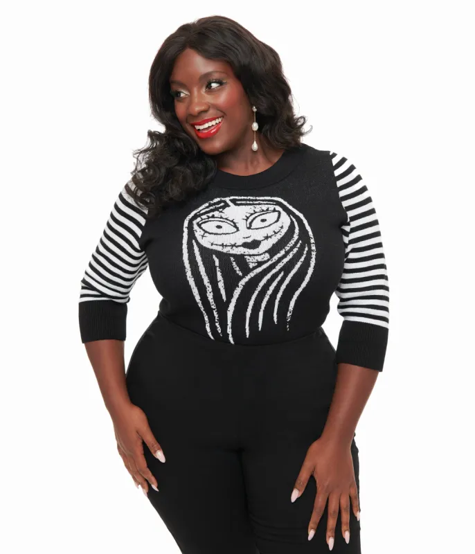 Tim Burtons The Nightmare Before Christmas by Unique Vintage Plus Size Black & White Stripe Sally Minou Sweater sold by Unique Vintage