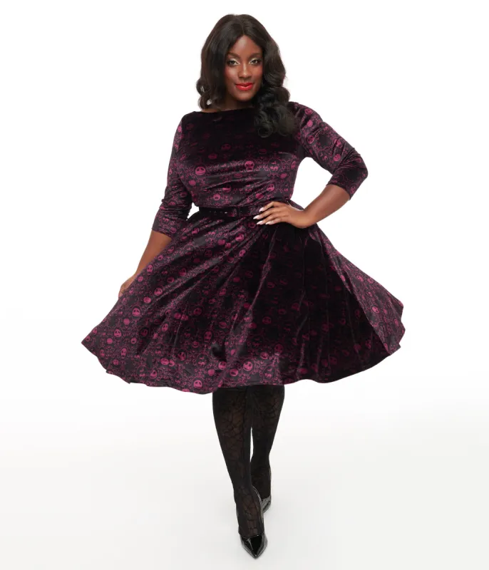 Tim Burton's The Nightmare Before Christmas by Unique Vintage Plus Size Eggplant Baroque Jack Skellington Devon Swing Dress sold by Unique Vintage