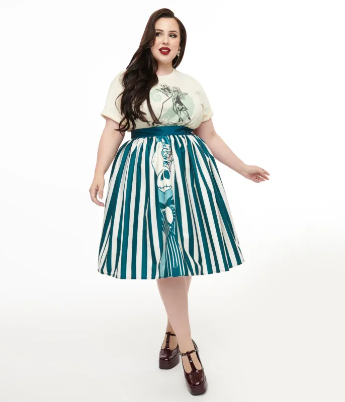 Tim Burton's The Nightmare Before Christmas by Unique Vintage Plus Size Teal & White Striped Jack Skellington Gellar Swing Skirt sold by Unique Vintage