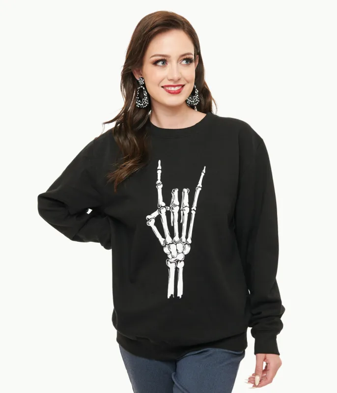 Pretty Attitude Clothing Metal Horns Skeleton Hand Sweatshirt sold by Unique Vintage