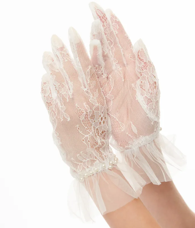 Unique Vintage 1950s White Tulle Lace Gloves sold by Unique Vintage