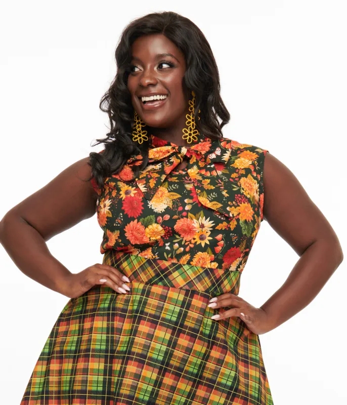Retrolicious Plus Size 1950s Dark Green Autumn Floral Cotton Bow Top sold by Unique Vintage