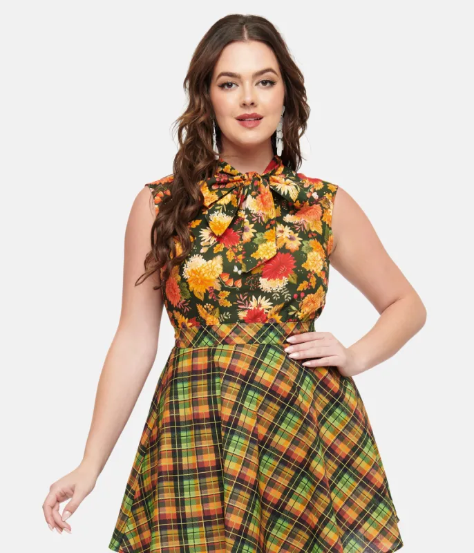 Retrolicious 1950s Dark Green Autumn Floral Cotton Bow Top sold by Unique Vintage