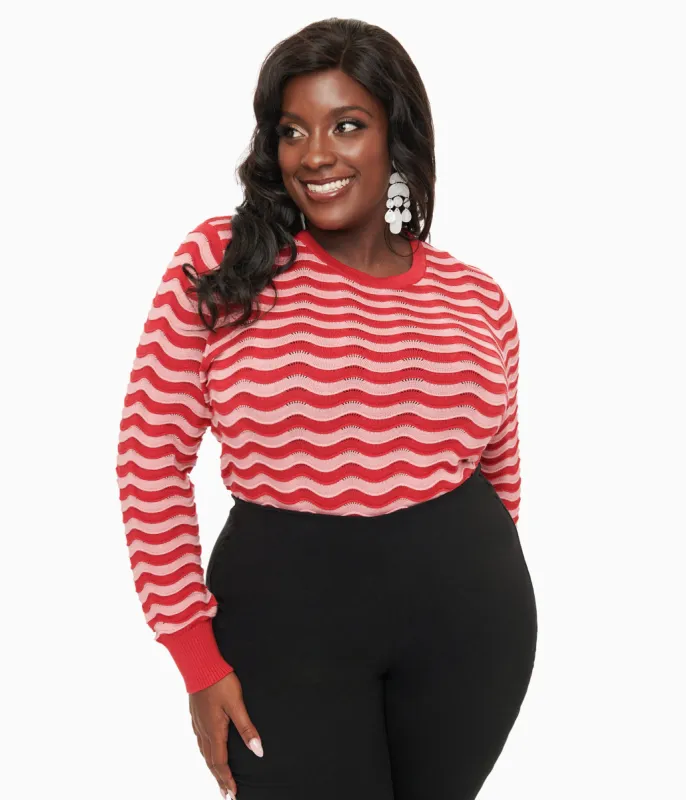 Royal Monk Plus Size 1970s Red & Pink Sweet Stripes Top sold by Unique Vintage