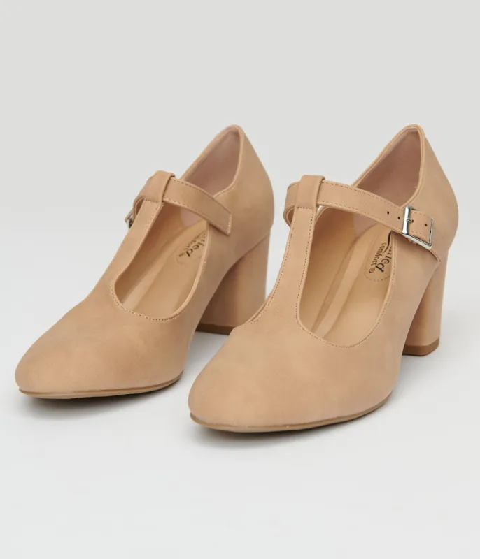 1920s Nude Suede T-Strap Mary Jane Heels sold by Unique Vintage
