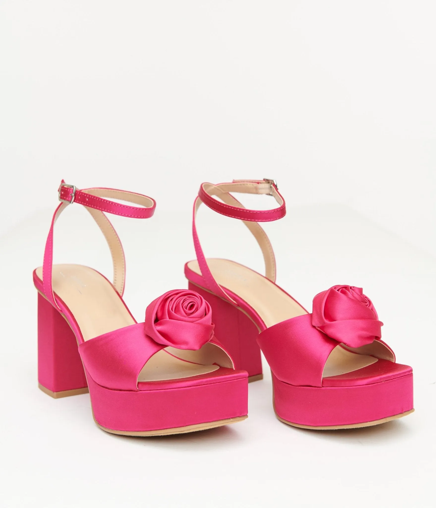 Pink Rosette Satin Platform Heels sold by Unique Vintage