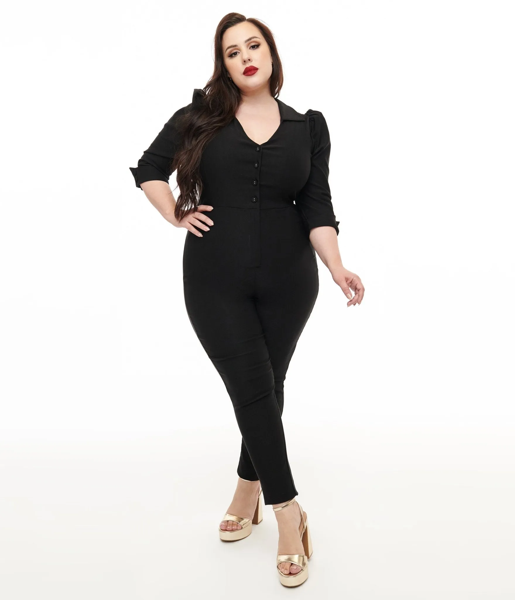 Unique Vintage Plus Size 1950s Black Puff Sleeve Jumpsuit sold by Unique Vintage