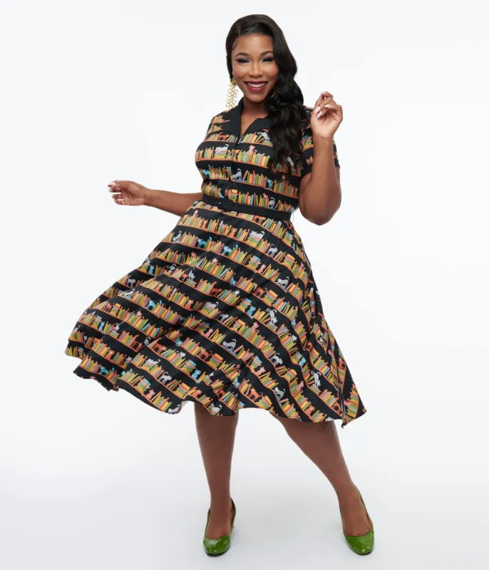 Unique Vintage Plus Size 1950s Cat & Bookshelf Print Alexis Swing Dress sold by Unique Vintage