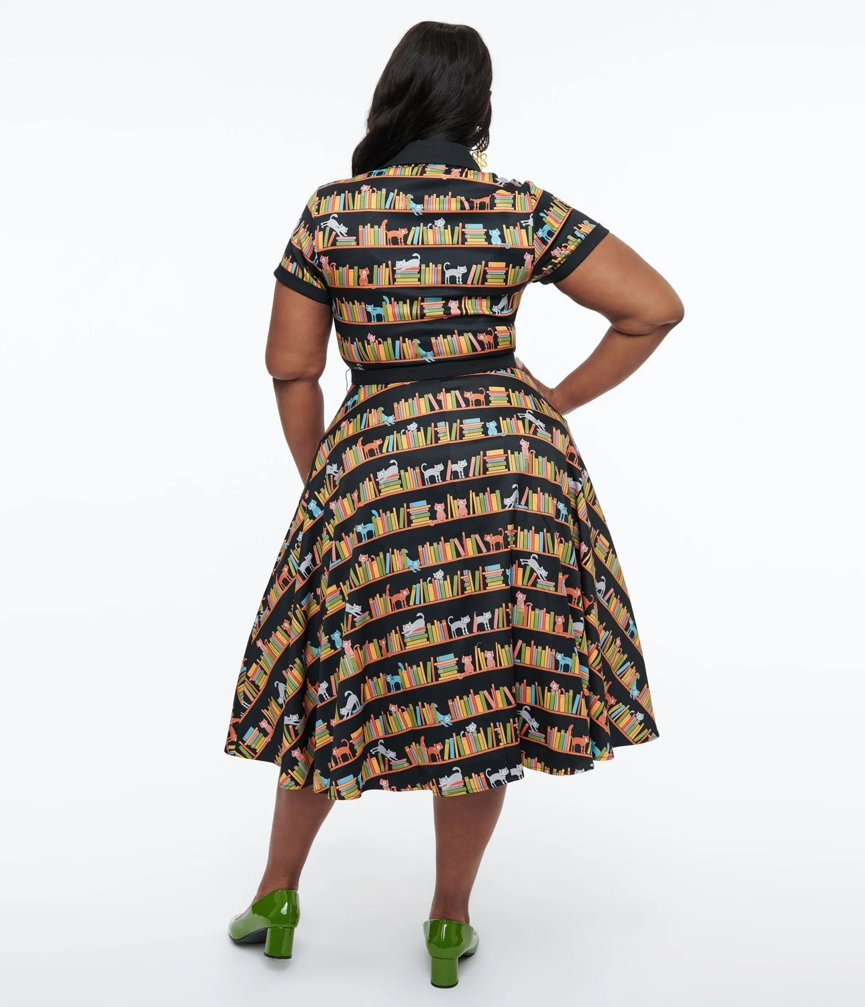 Unique Vintage Plus Size 1950s Cat & Bookshelf Print Alexis Swing Dress sold by Unique Vintage product image thumbnail 2