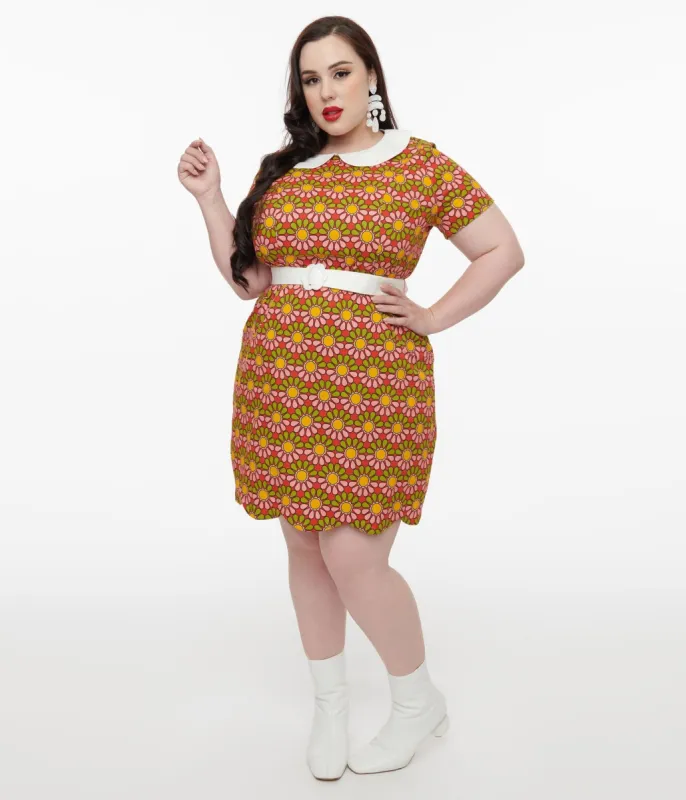 Smak Parlour Plus Size 1960s Green & Pink Flower Power Mini Dress sold by Unique Vintage