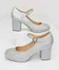 1950s Silver Square Toe Mary Jane Pumps sold by Unique Vintage