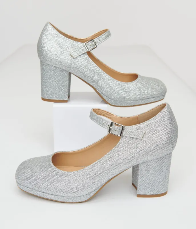 1950s Silver Square Toe Mary Jane Pumps sold by Unique Vintage