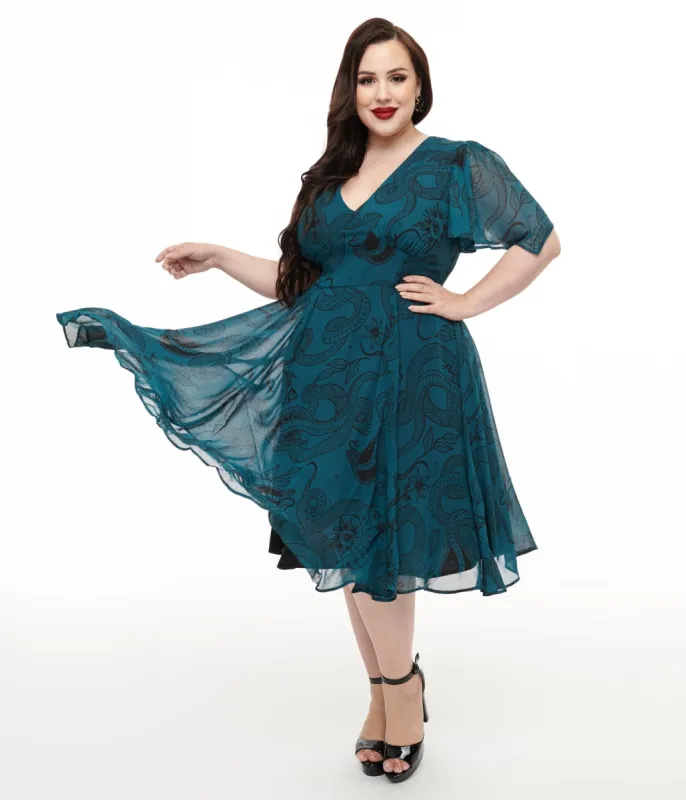 Hell Bunny Plus Size Teal Snake Venom Midi Dress sold by Unique Vintage