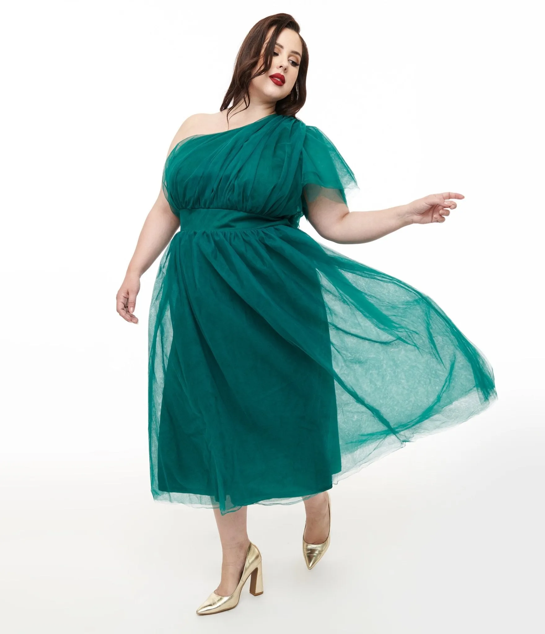 Plus Size Emerald Tulle Lively Charm Midi Dress sold by Unique Vintage