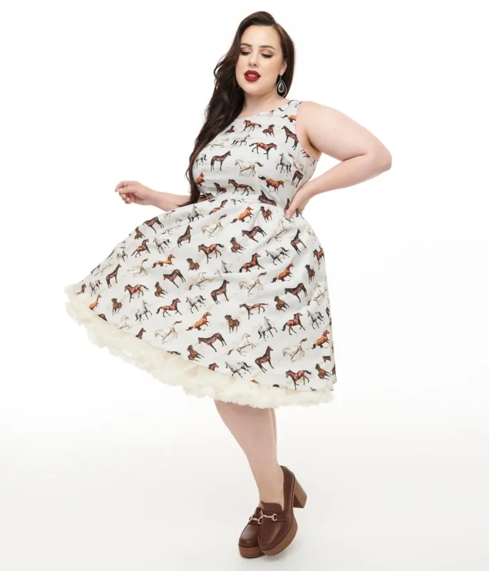 Retrolicious Plus Size 1950s White & Brown Horse Print Cotton Swing Dress sold by Unique Vintage