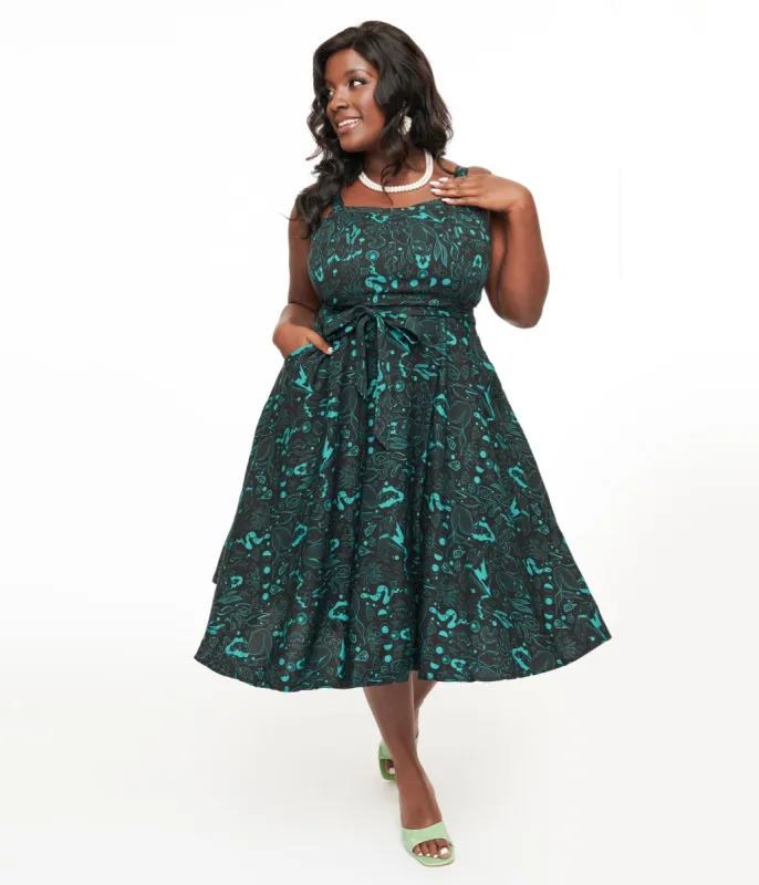 Miss Lulo Plus Size 1950s Teal Sea Witch Print Lori Swing Dress sold by Unique Vintage