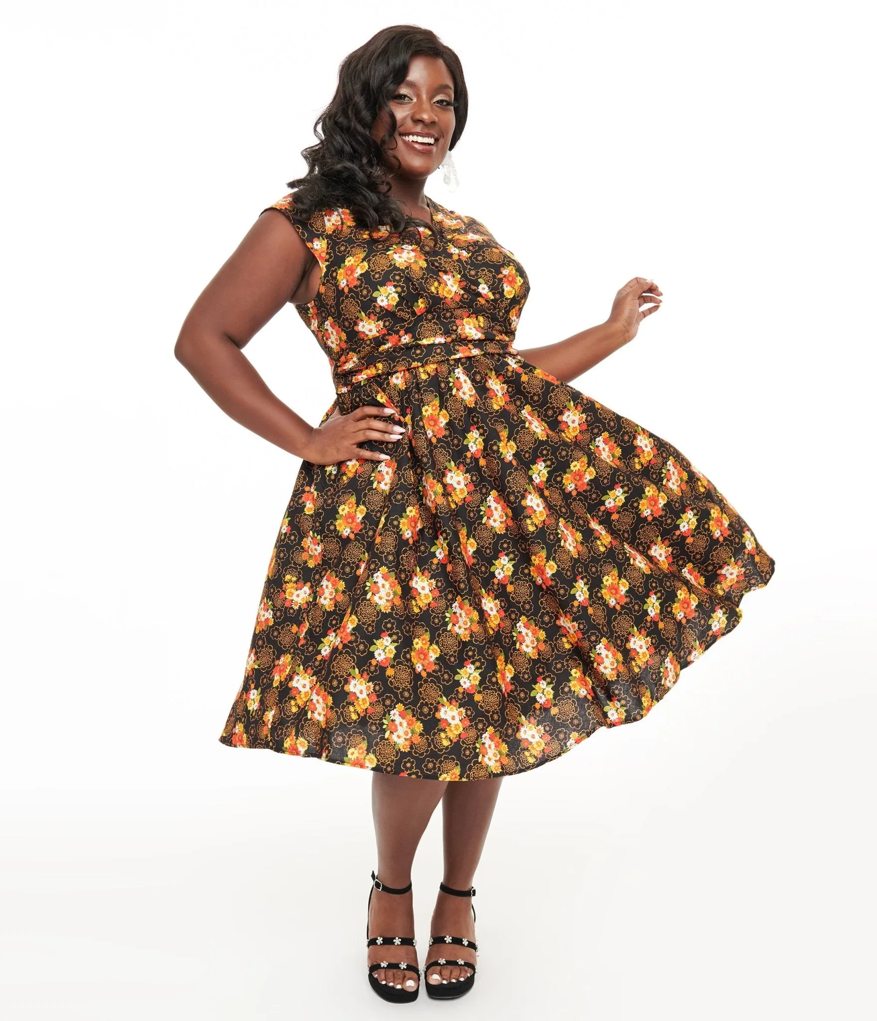 Retrolicious Plus Size 1950s Brown Floral Cotton Greta Swing Dress sold by Unique Vintage
