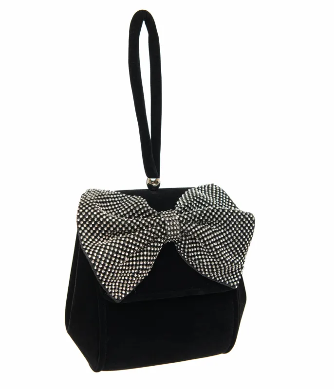 Black Velvet Rhinestone Bow Handbag sold by Unique Vintage