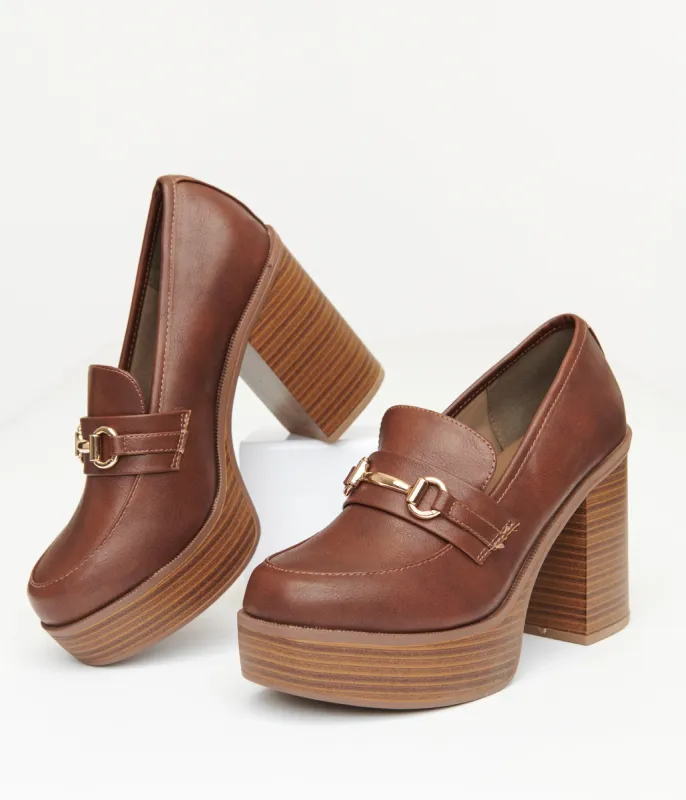 Brown Leatherette Loafer Heels sold by Unique Vintage