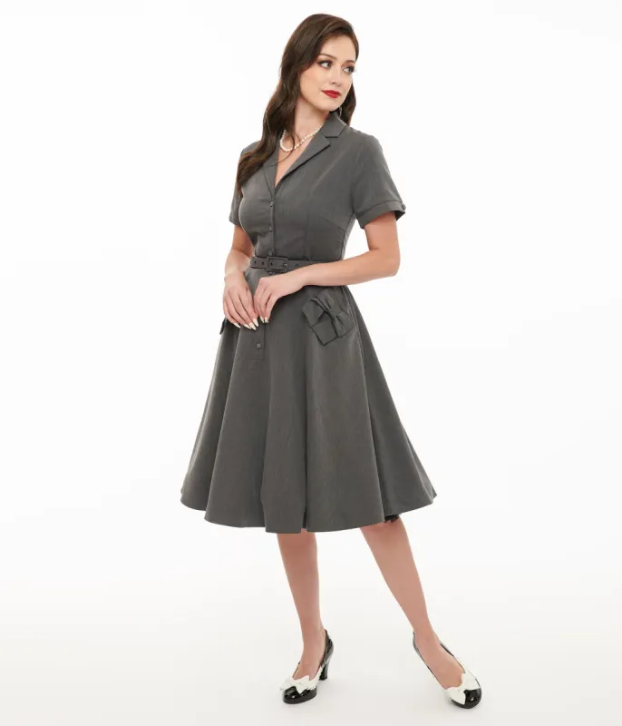 Voodoo Vixen 1950s Grey Bow Fit & Flare Dress made by Unique Vintage
