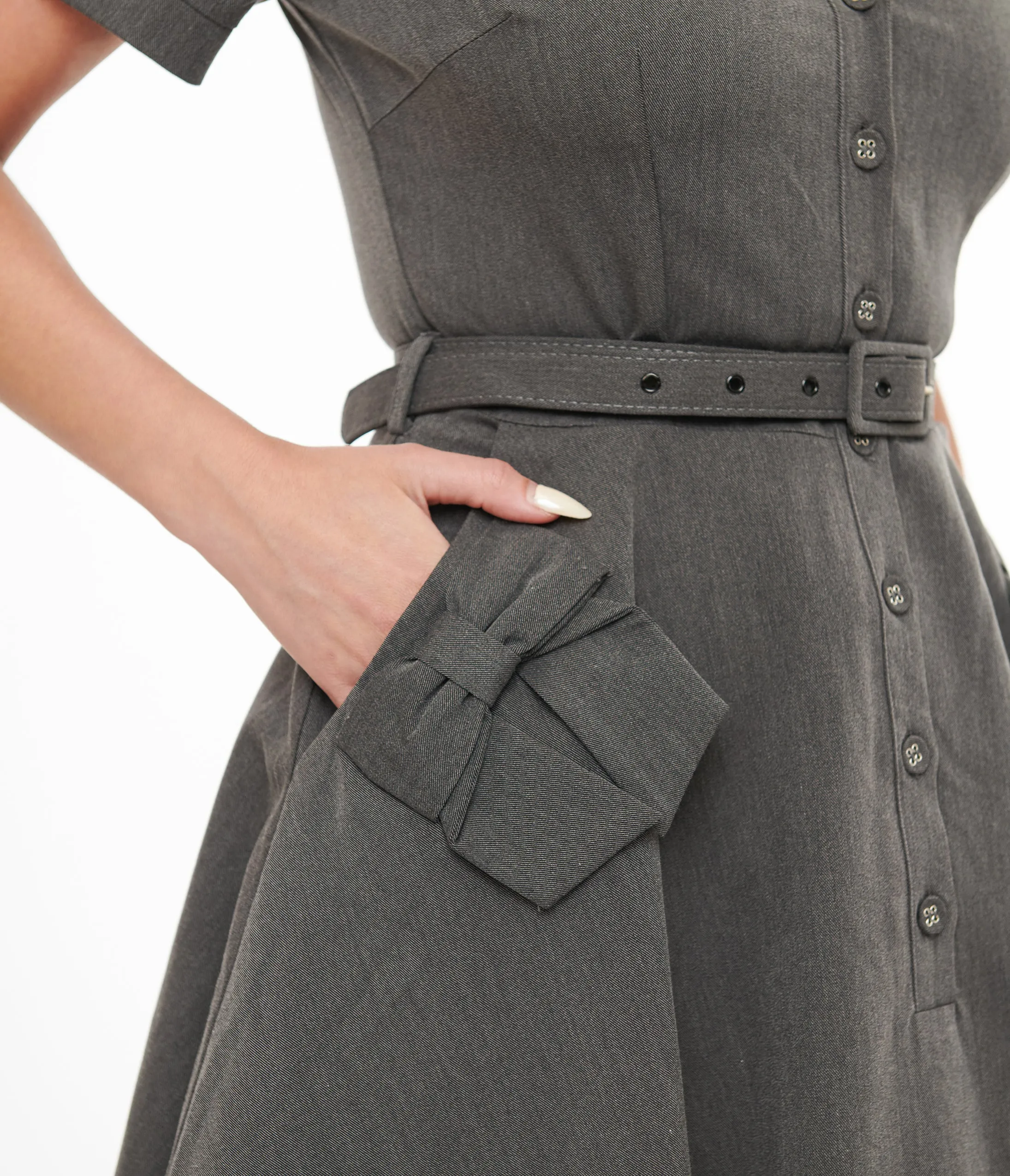Voodoo Vixen 1950s Grey Bow Fit & Flare Dress sold by Unique Vintage product image thumbnail 2