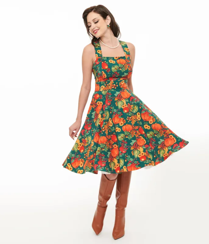 Hell Bunny 1950s Green & Orange Leaf Pinafore Swing Dress sold by Unique Vintage