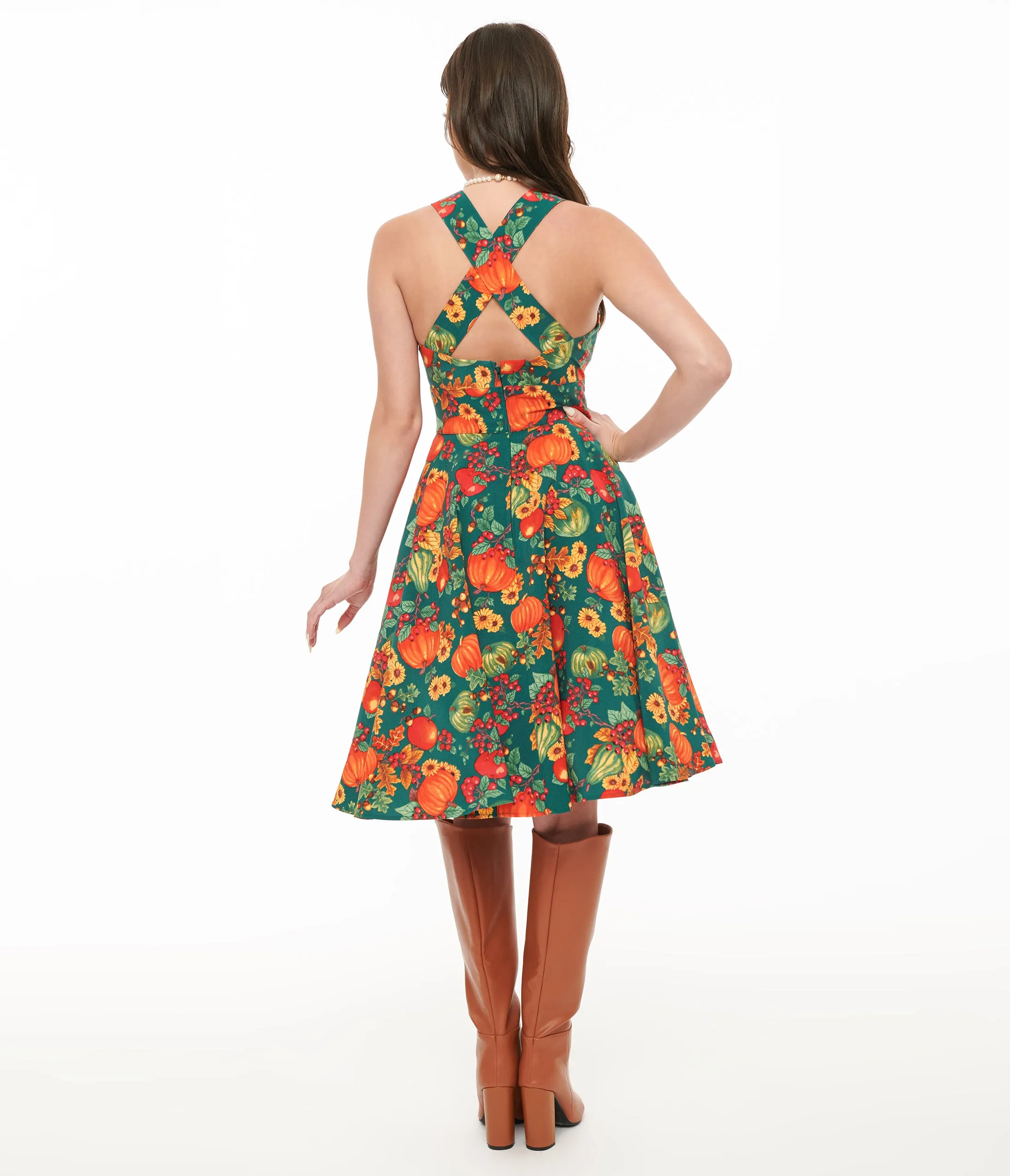 Hell Bunny 1950s Green & Orange Leaf Pinafore Swing Dress sold by Unique Vintage product image thumbnail 2