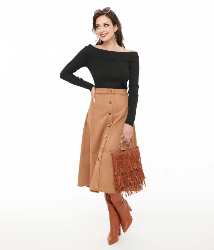 Camel Suede Button Up Midi Skirt sold by Unique Vintage