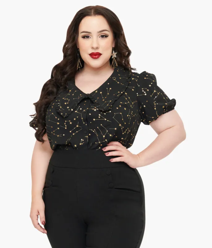 Unique Vintage Plus Size 1930s Black & Gold Stars Oversized Collar Blouse sold by Unique Vintage