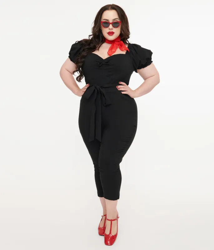 Unique Vintage Plus Size Solid Black Belted Jumpsuit sold by Unique Vintage