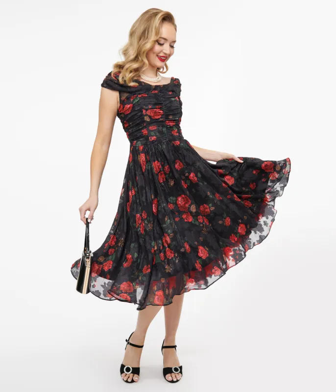 Unique Vintage 1950s Black & Red Rose Off The Shoulder Cocktail Dress sold by Unique Vintage