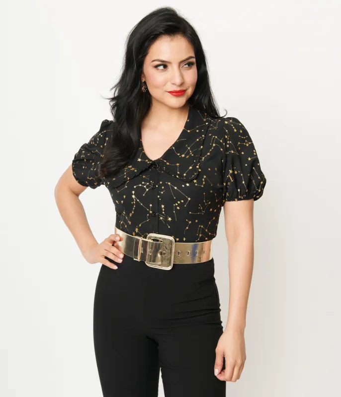 Unique Vintage 1930s Black & Gold Stars Oversized Collar Blouse sold by Unique Vintage