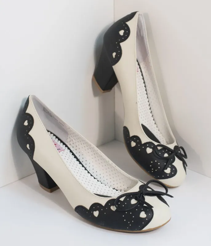 Vintage Style Black & Cream Cutout Leatherette Wiggle Pumps sold by Unique Vintage