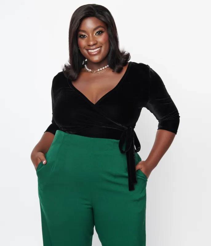 Unique Vintage Plus Size 1970s Black Velvet Surplice Bodysuit sold by Unique Vintage