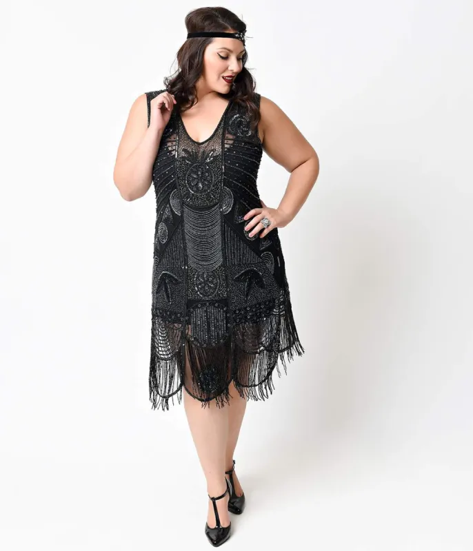 Unique Vintage Plus Size 1920s Style Black Hand Beaded Fringe Bosley Flapper Dress sold by Unique Vintage