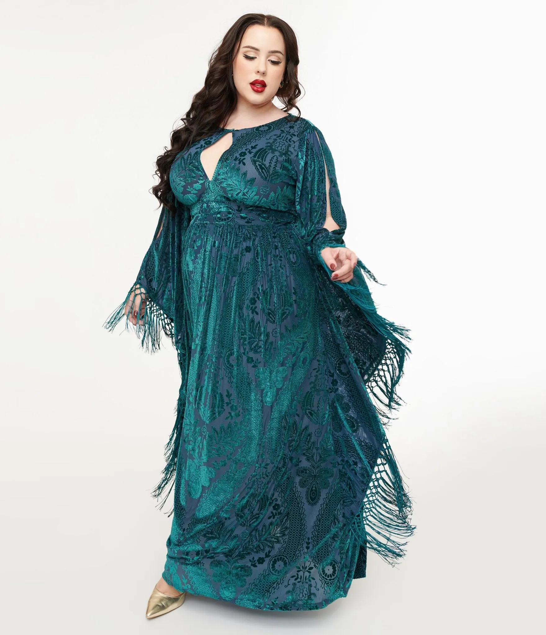 Unique Vintage Plus Size Emerald Floral Fringe Flutter Sleeve Caftan sold by Unique Vintage