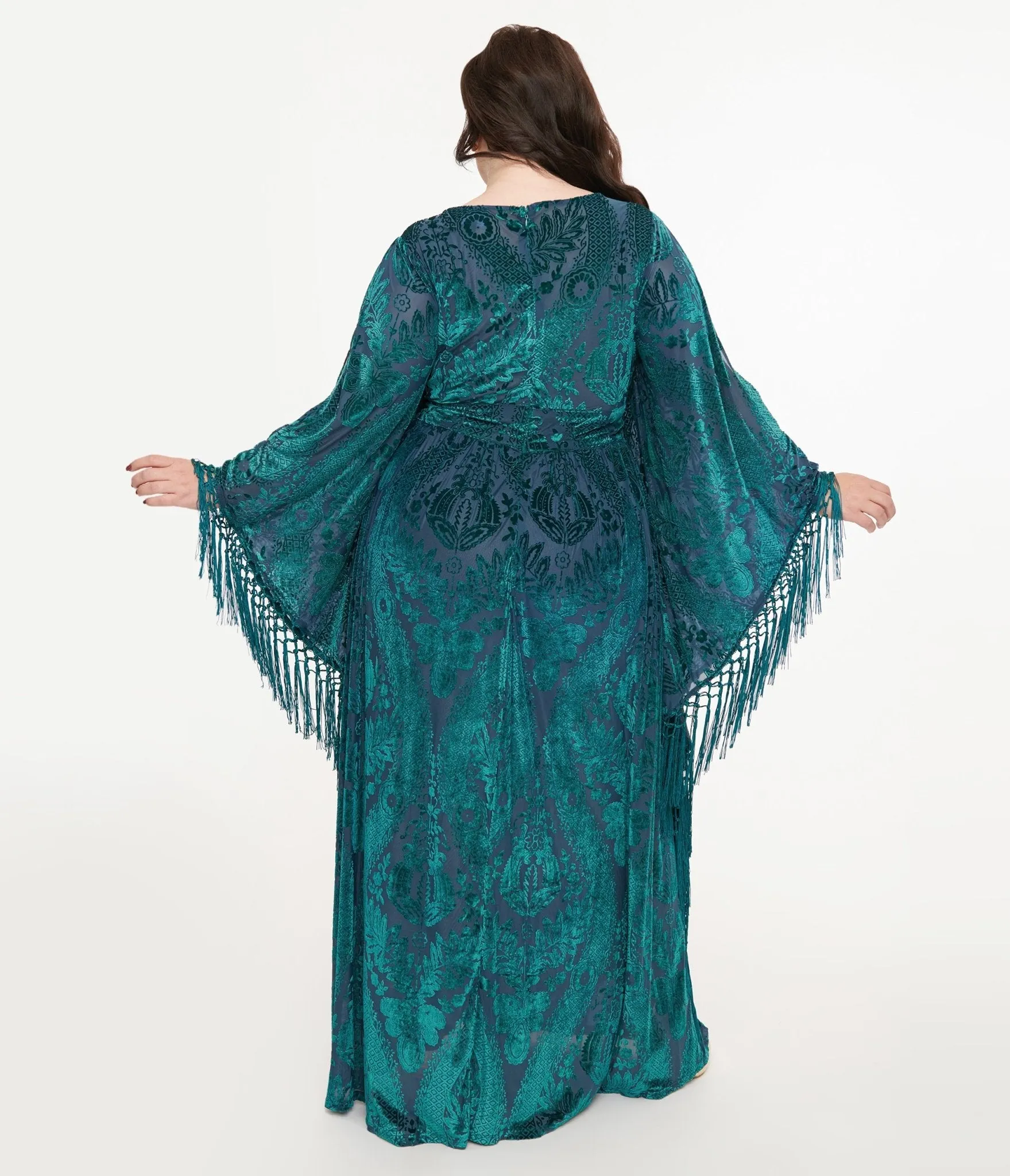 Unique Vintage Plus Size Emerald Floral Fringe Flutter Sleeve Caftan sold by Unique Vintage product image thumbnail 2