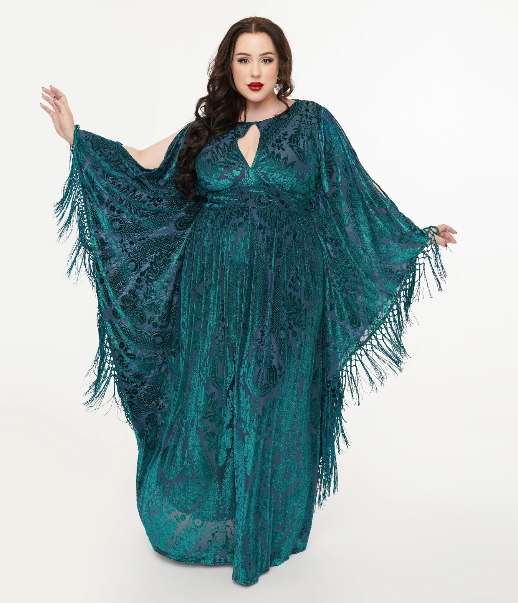 Unique Vintage Plus Size Emerald Floral Fringe Flutter Sleeve Caftan sold by Unique Vintage product image thumbnail 3