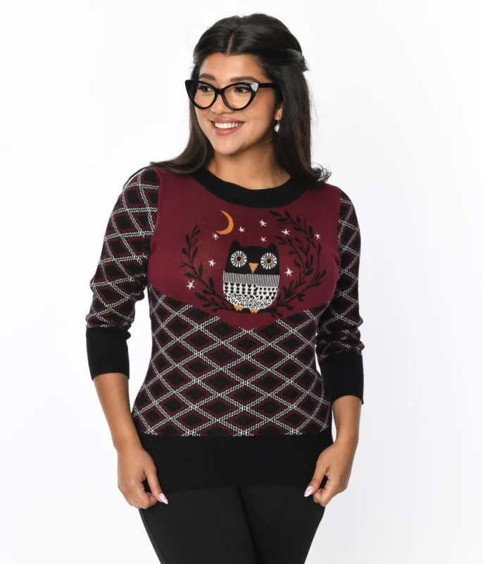 Smak Parlour Black & Burgundy Plaid Owl Sweater made by Unique Vintage