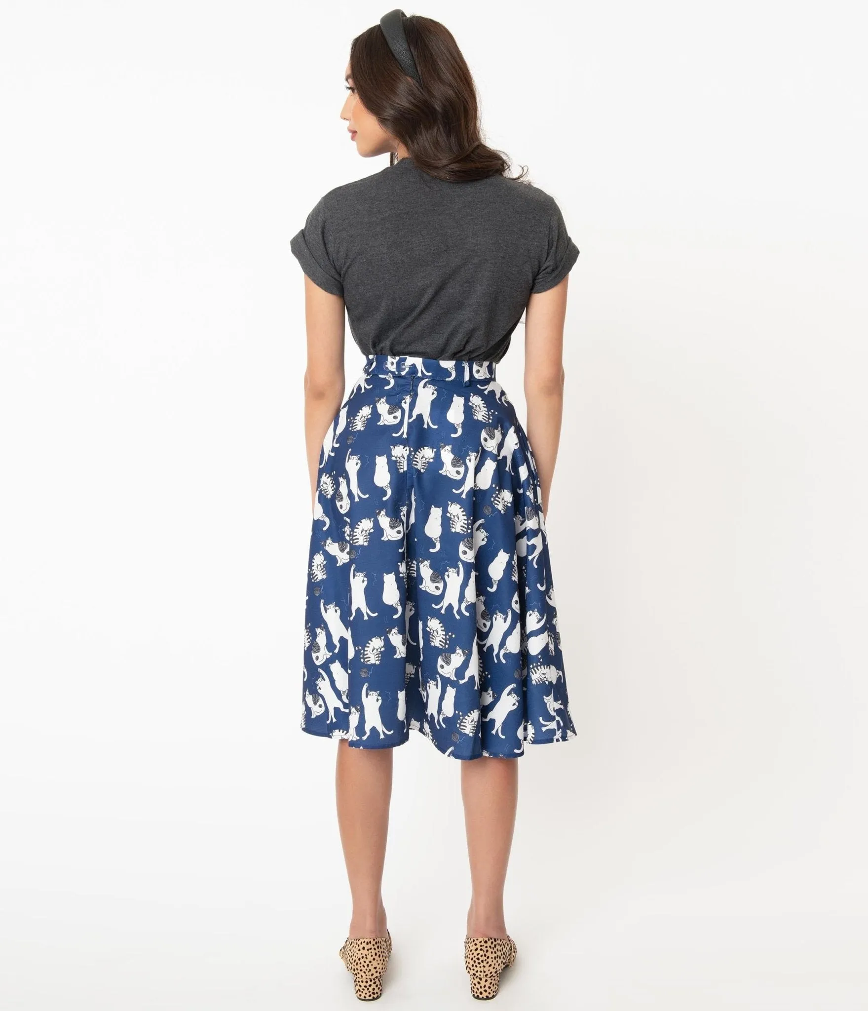 Vintage Style Navy & White Cat Print Swing Skirt sold by Unique Vintage product image thumbnail 3