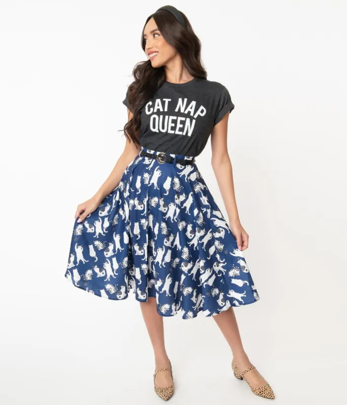Vintage Style Navy & White Cat Print Swing Skirt sold by Unique Vintage