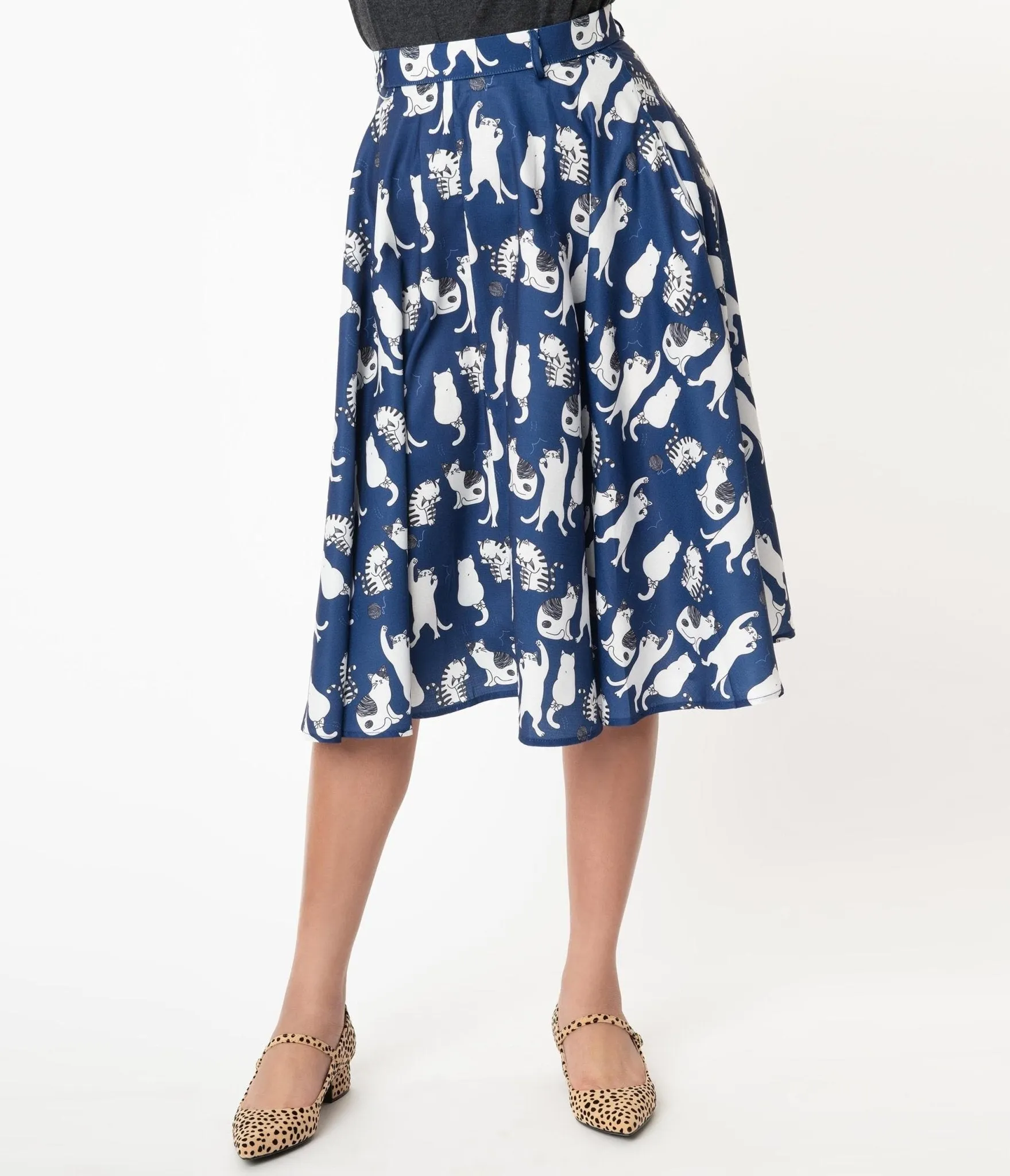 Vintage Style Navy & White Cat Print Swing Skirt sold by Unique Vintage product image thumbnail 2