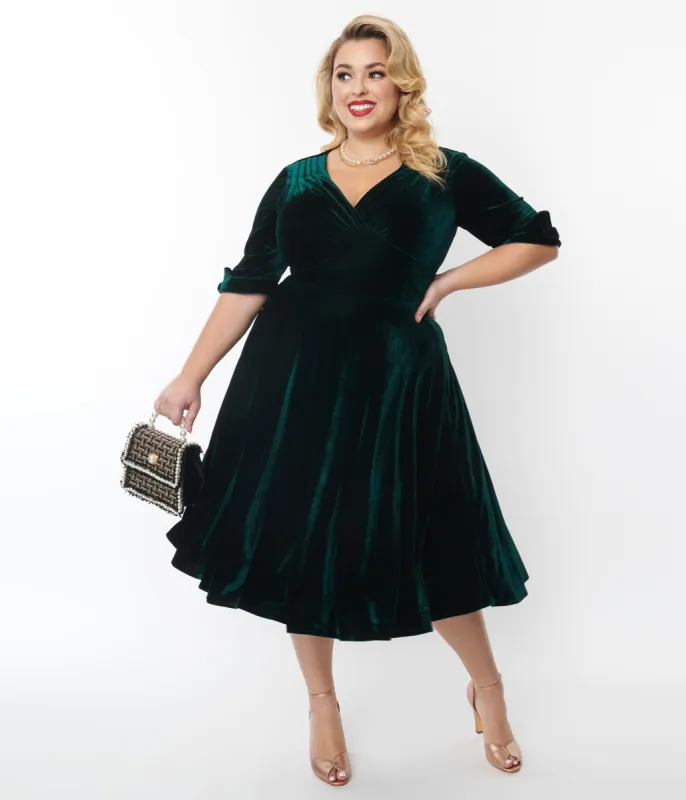 Unique Vintage Plus Size Emerald Green Velvet Delores Swing Dress sold by Unique Vintage
