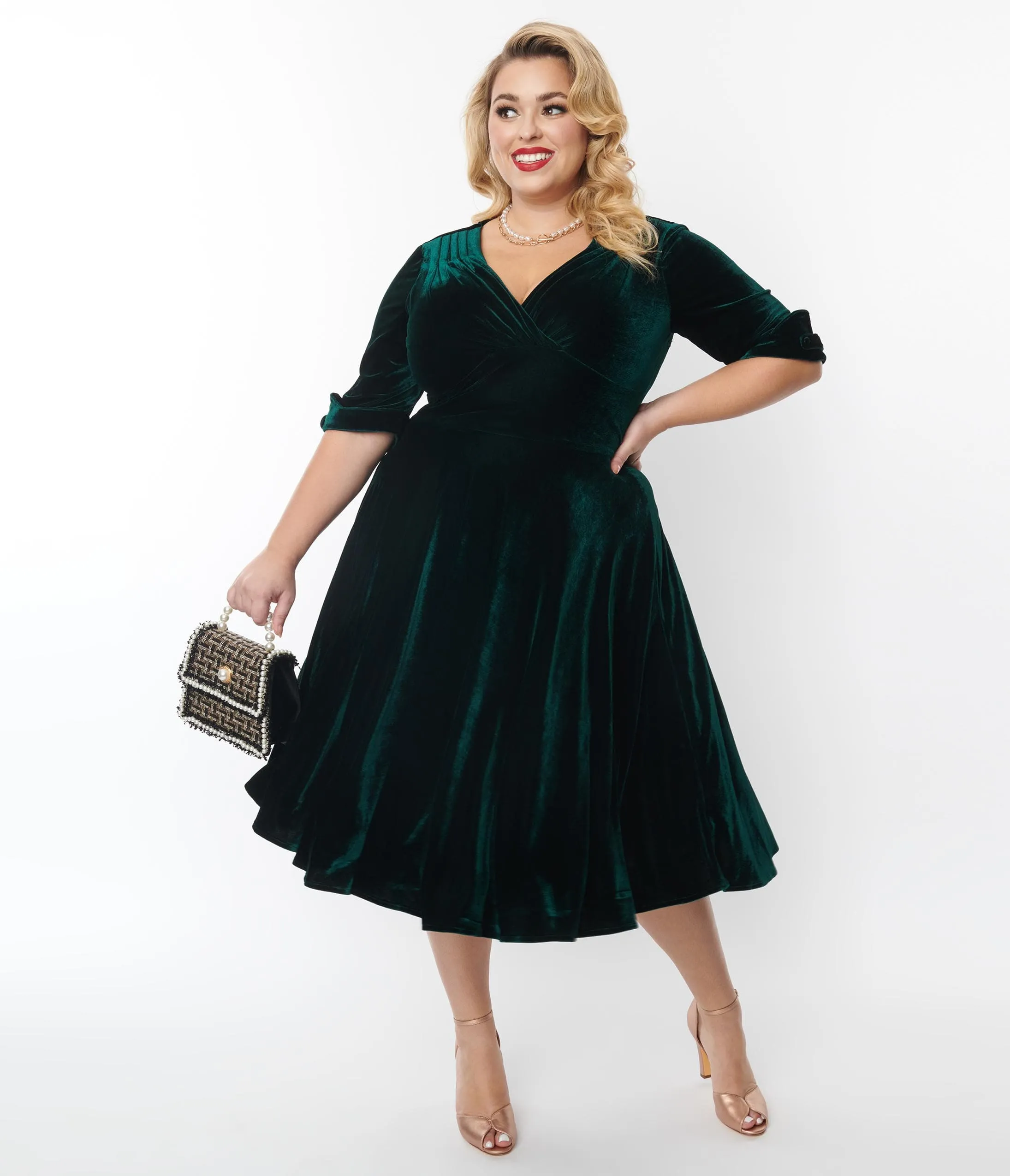 Unique Vintage Plus Size Emerald Green Velvet Delores Swing Dress sold by Unique Vintage